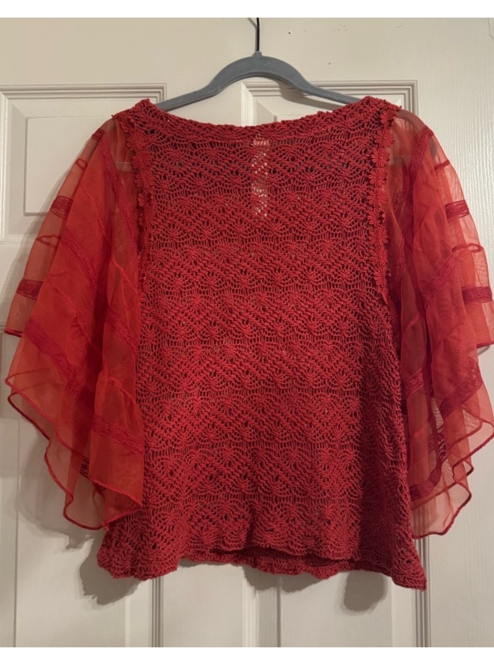 Free People Crimson Crochet Top with Sheer Flutter Sleeves